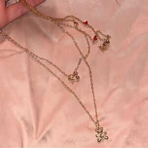 Elegant Gold Necklace with Cherry and Bear Pendants and Red Heart Accents